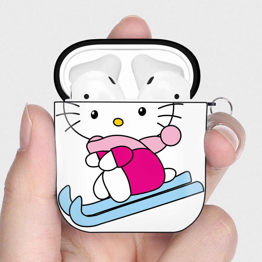 （画像用） Hello Kitty ハローキティ AirPods 第2世代保護ケース ハードシェル ブラック 耐衝撃・防指紋・カラビナ付き
