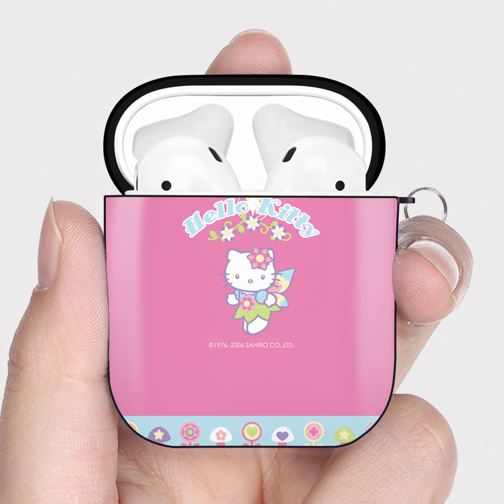 （画像用） Hello Kitty ハローキティ AirPods 第2世代保護ケース ハードシェル ブラック 耐衝撃・防指紋・カラビナ付き