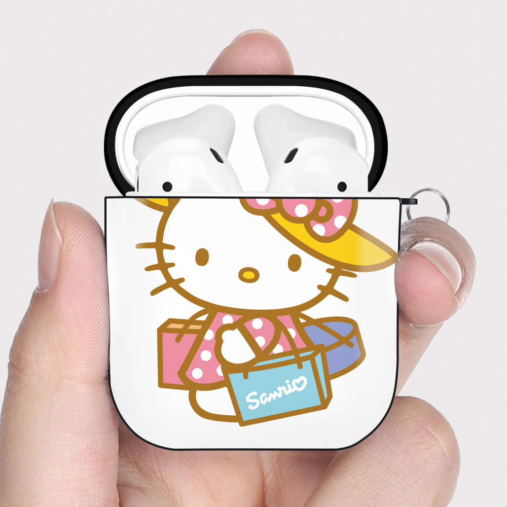 （画像用） Hello Kitty ハローキティ AirPods 第2世代保護ケース ハードシェル ブラック 耐衝撃・防指紋・カラビナ付き
