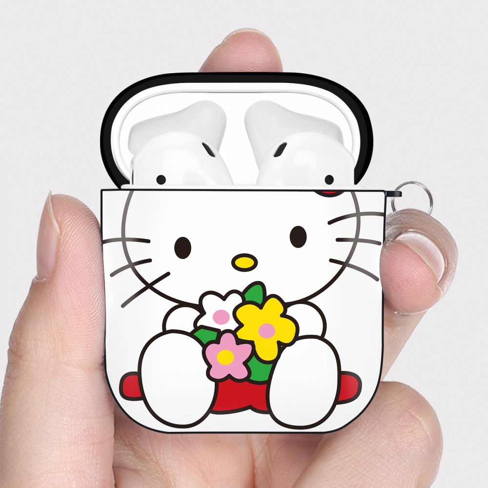 （画像用） Hello Kitty ハローキティ AirPods 第2世代保護ケース ハードシェル ブラック 耐衝撃・防指紋・カラビナ付き