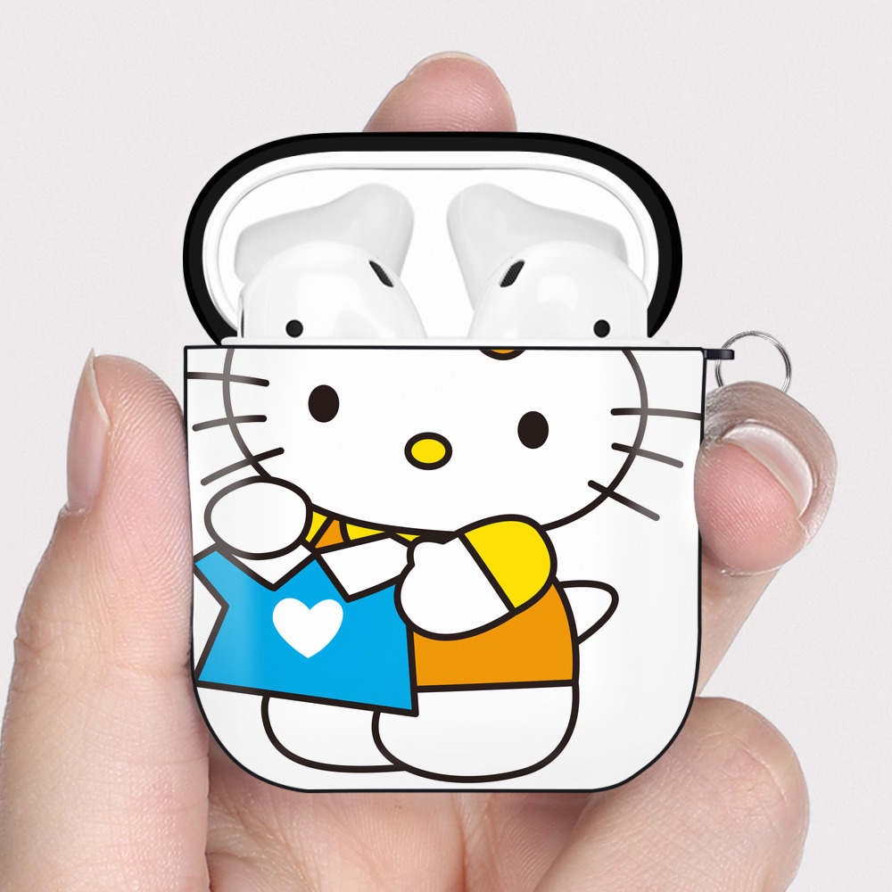 （画像用） Hello Kitty ハローキティ AirPods 第2世代保護ケース ハードシェル ブラック 耐衝撃・防指紋・カラビナ付き