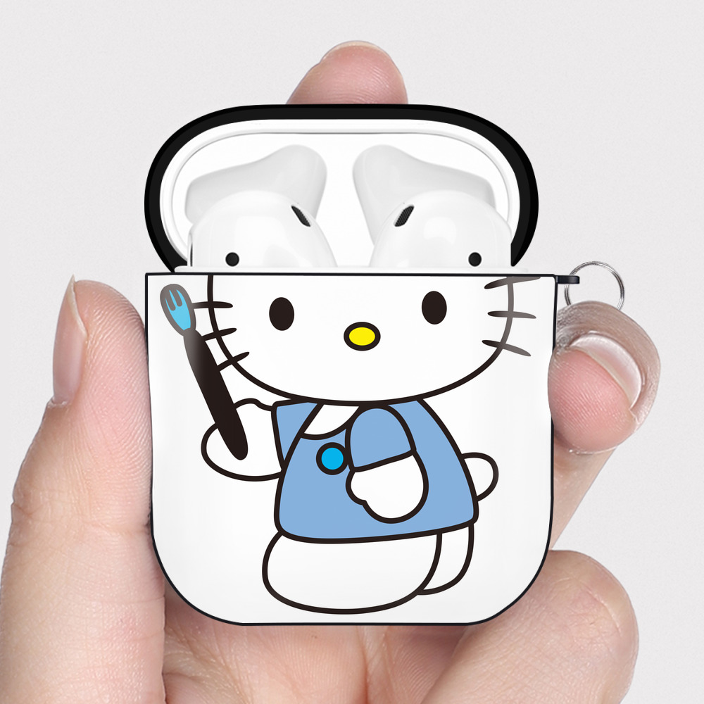 （画像用） Hello Kitty ハローキティ AirPods 第2世代保護ケース ハードシェル ブラック 耐衝撃・防指紋・カラビナ付き