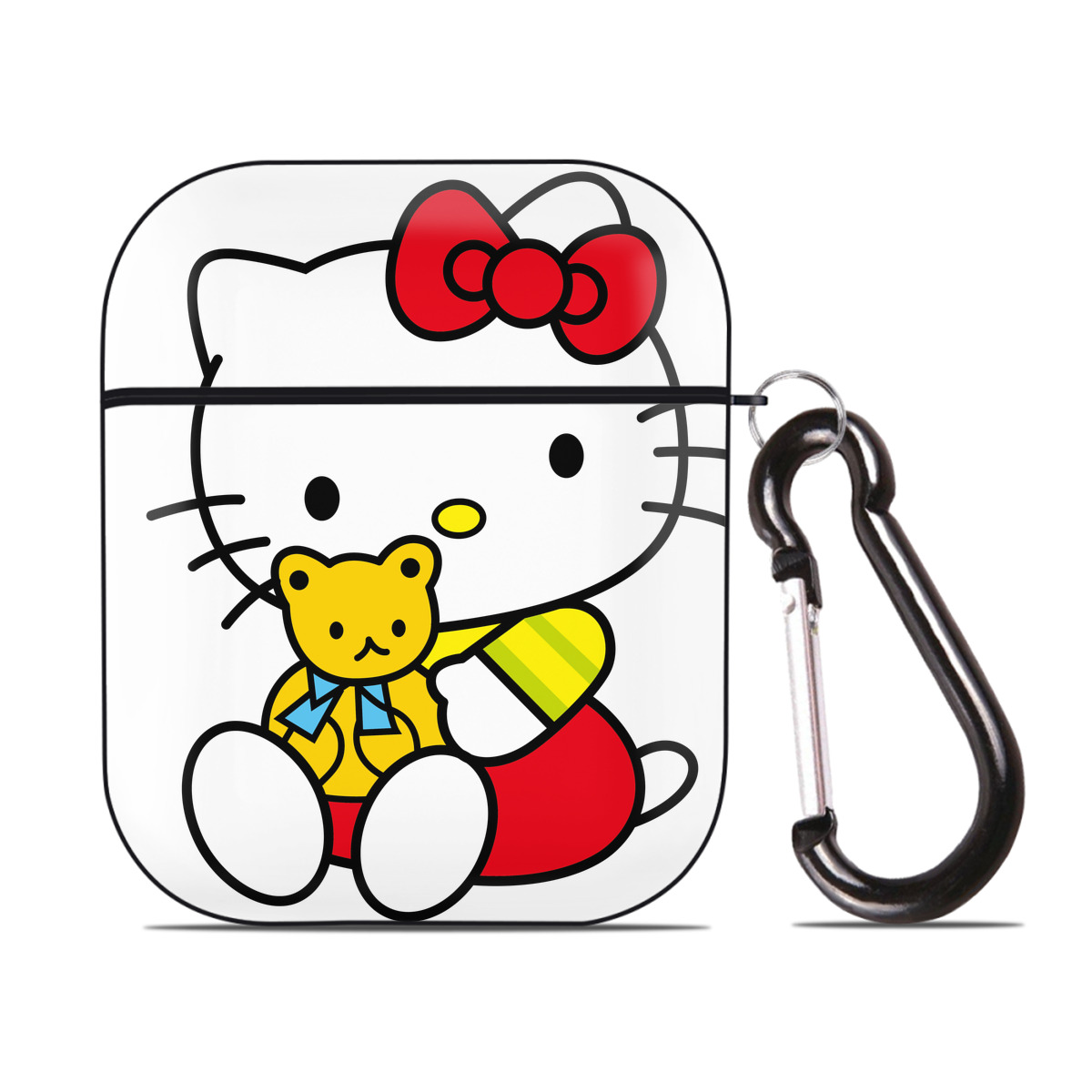 （画像用） Hello Kitty ハローキティ AirPods 第2世代保護ケース ハードシェル ブラック 耐衝撃・防指紋・カラビナ付き