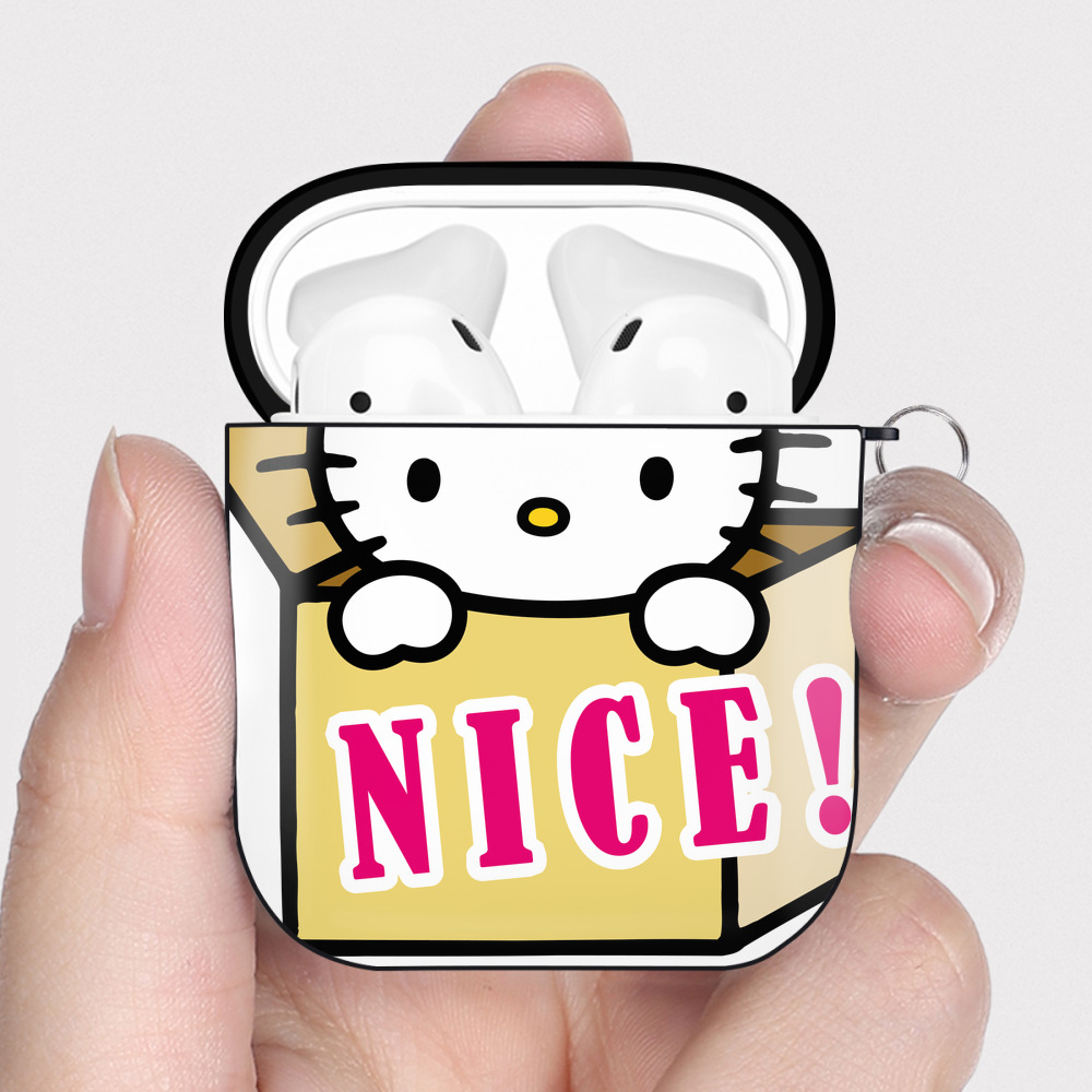 （画像用） Hello Kitty ハローキティ AirPods 第2世代保護ケース ハードシェル ブラック 耐衝撃・防指紋・カラビナ付き