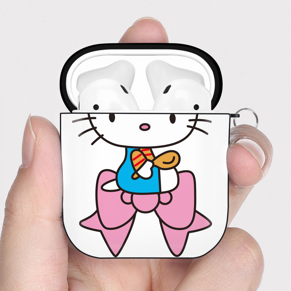 （画像用） Hello Kitty ハローキティ AirPods 第2世代保護ケース ハードシェル ブラック 耐衝撃・防指紋・カラビナ付き