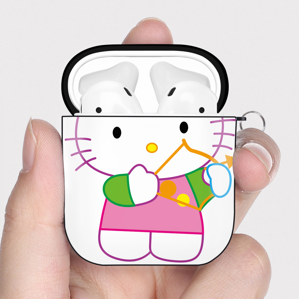 （画像用） Hello Kitty ハローキティ AirPods 第2世代保護ケース ハードシェル ブラック 耐衝撃・防指紋・カラビナ付き