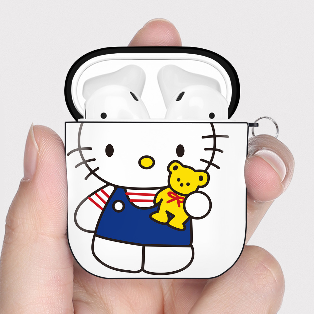 （画像用） Hello Kitty ハローキティ AirPods 第2世代保護ケース ハードシェル ブラック 耐衝撃・防指紋・カラビナ付き