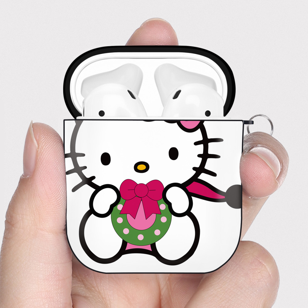 （画像用） Hello Kitty ハローキティ AirPods 第2世代保護ケース ハードシェル ブラック 耐衝撃・防指紋・カラビナ付き