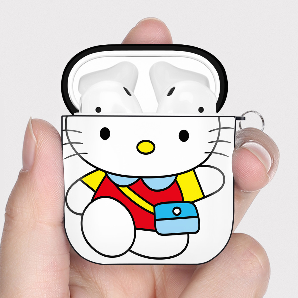 （画像用） Hello Kitty ハローキティ AirPods 第2世代保護ケース ハードシェル ブラック 耐衝撃・防指紋・カラビナ付き