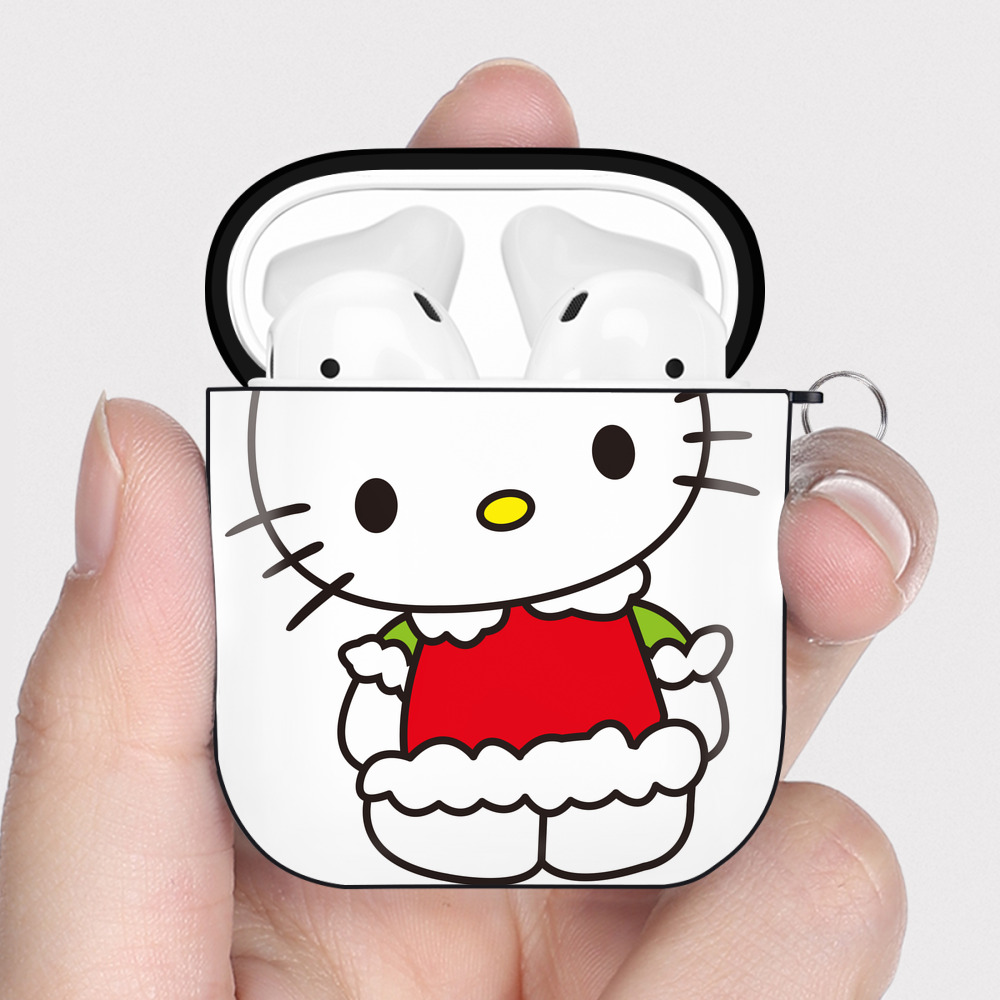 （画像用） Hello Kitty ハローキティ AirPods 第2世代保護ケース ハードシェル ブラック 耐衝撃・防指紋・カラビナ付き