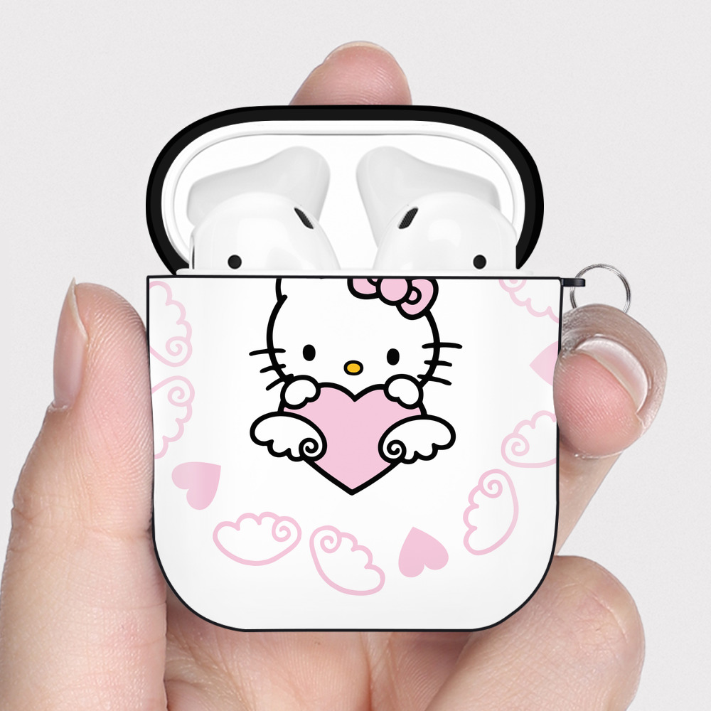 （画像用） Hello Kitty ハローキティ AirPods 第2世代保護ケース ハードシェル ブラック 耐衝撃・防指紋・カラビナ付き