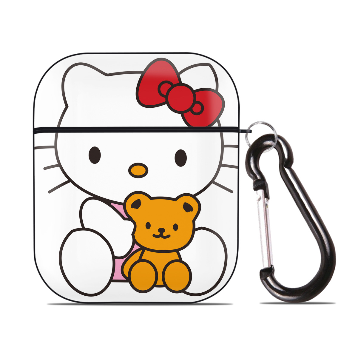 （画像用） Hello Kitty ハローキティ AirPods 第2世代保護ケース ハードシェル ブラック 耐衝撃・防指紋・カラビナ付き