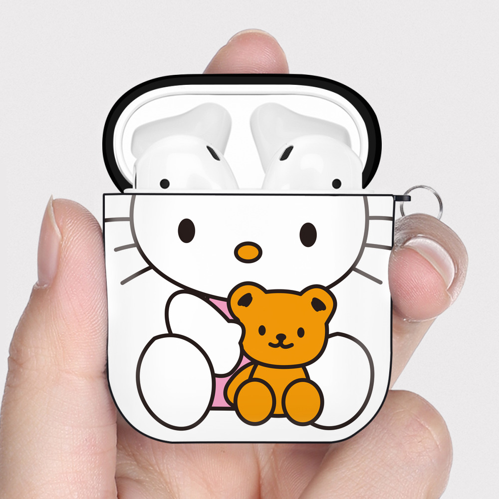 （画像用） Hello Kitty ハローキティ AirPods 第2世代保護ケース ハードシェル ブラック 耐衝撃・防指紋・カラビナ付き