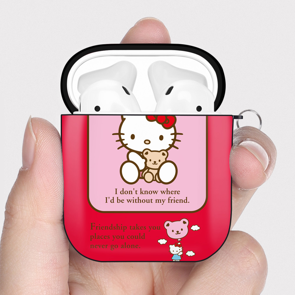 （画像用） Hello Kitty ハローキティ AirPods 第2世代保護ケース ハードシェル ブラック 耐衝撃・防指紋・カラビナ付き