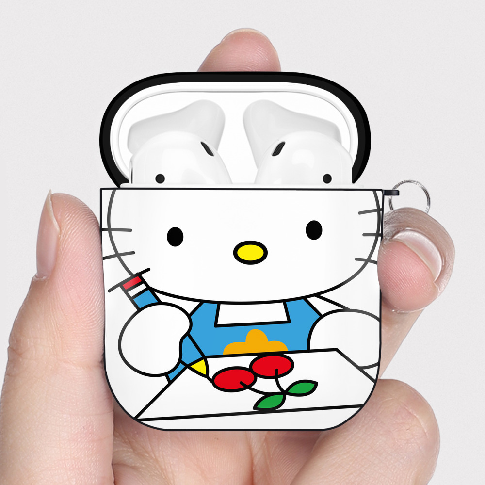 （画像用） Hello Kitty ハローキティ AirPods 第2世代保護ケース ハードシェル ブラック 耐衝撃・防指紋・カラビナ付き