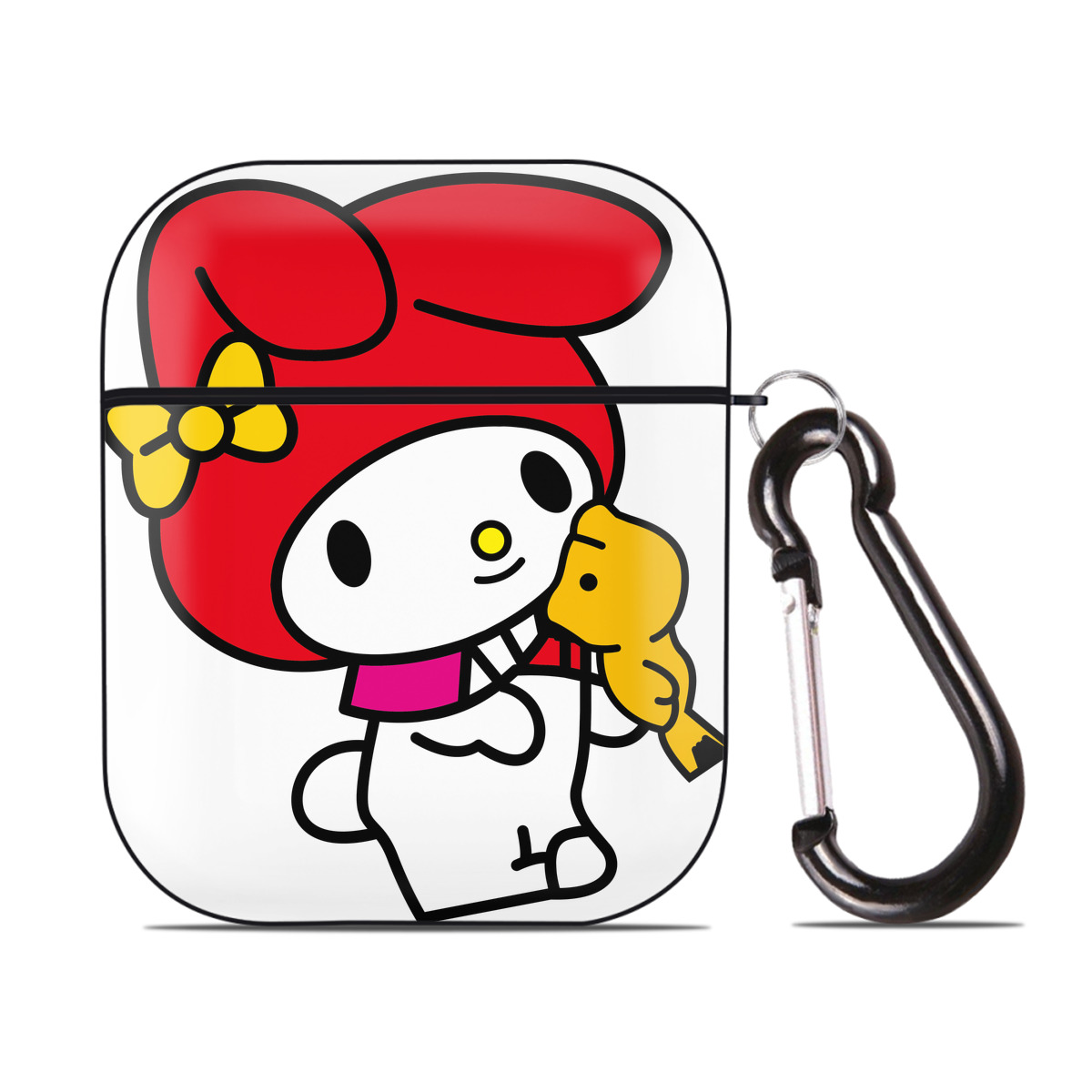 （画像用） Hello Kitty ハローキティ AirPods 第2世代保護ケース ハードシェル ブラック 耐衝撃・防指紋・カラビナ付き
