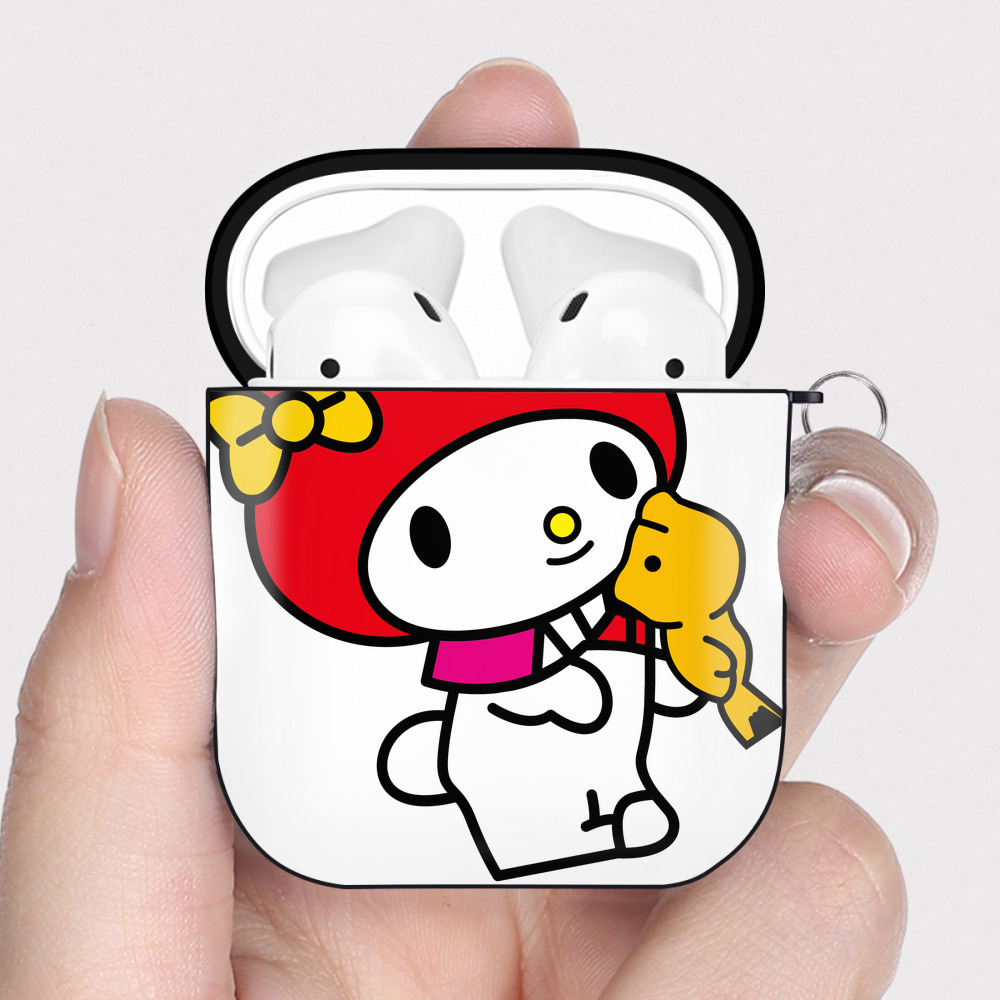 （画像用） Hello Kitty ハローキティ AirPods 第2世代保護ケース ハードシェル ブラック 耐衝撃・防指紋・カラビナ付き