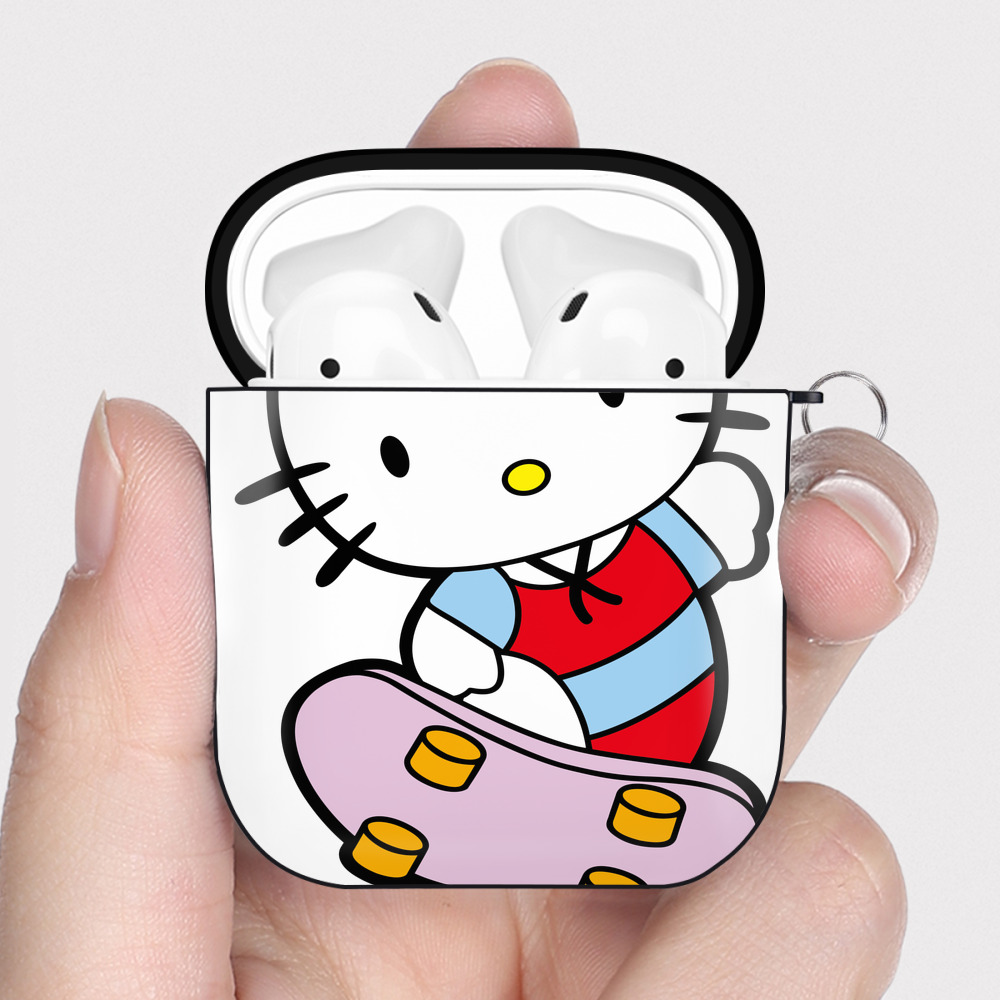 （画像用） Hello Kitty ハローキティ AirPods 第2世代保護ケース ハードシェル ブラック 耐衝撃・防指紋・カラビナ付き
