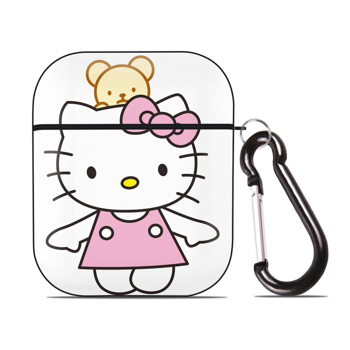 （画像用） Hello Kitty ハローキティ AirPods 第2世代保護ケース ハードシェル ブラック 耐衝撃・防指紋・カラビナ付き