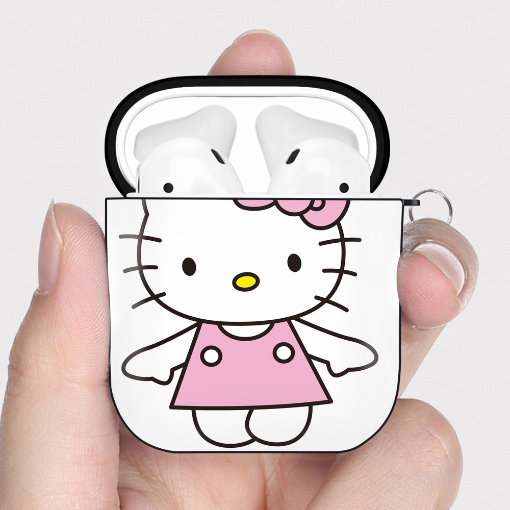 （画像用） Hello Kitty ハローキティ AirPods 第2世代保護ケース ハードシェル ブラック 耐衝撃・防指紋・カラビナ付き