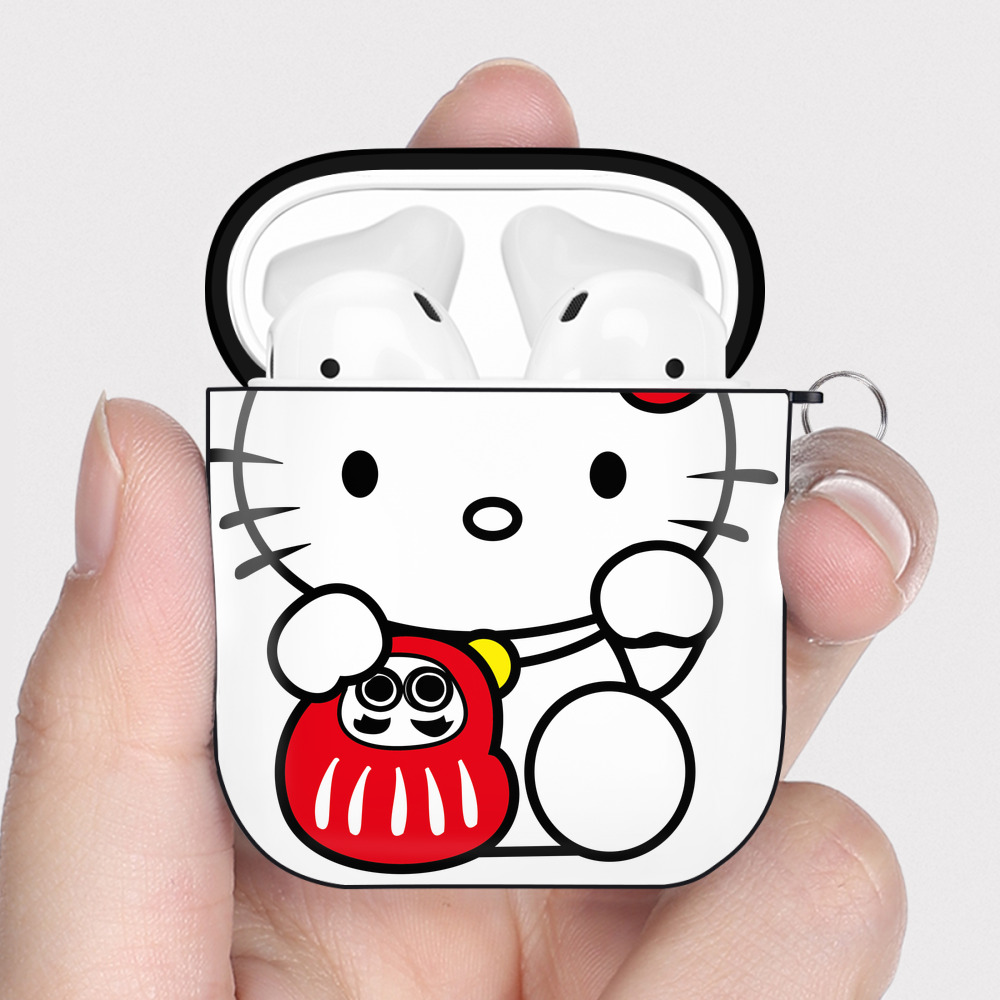 （画像用） Hello Kitty ハローキティ AirPods 第2世代保護ケース ハードシェル ブラック 耐衝撃・防指紋・カラビナ付き
