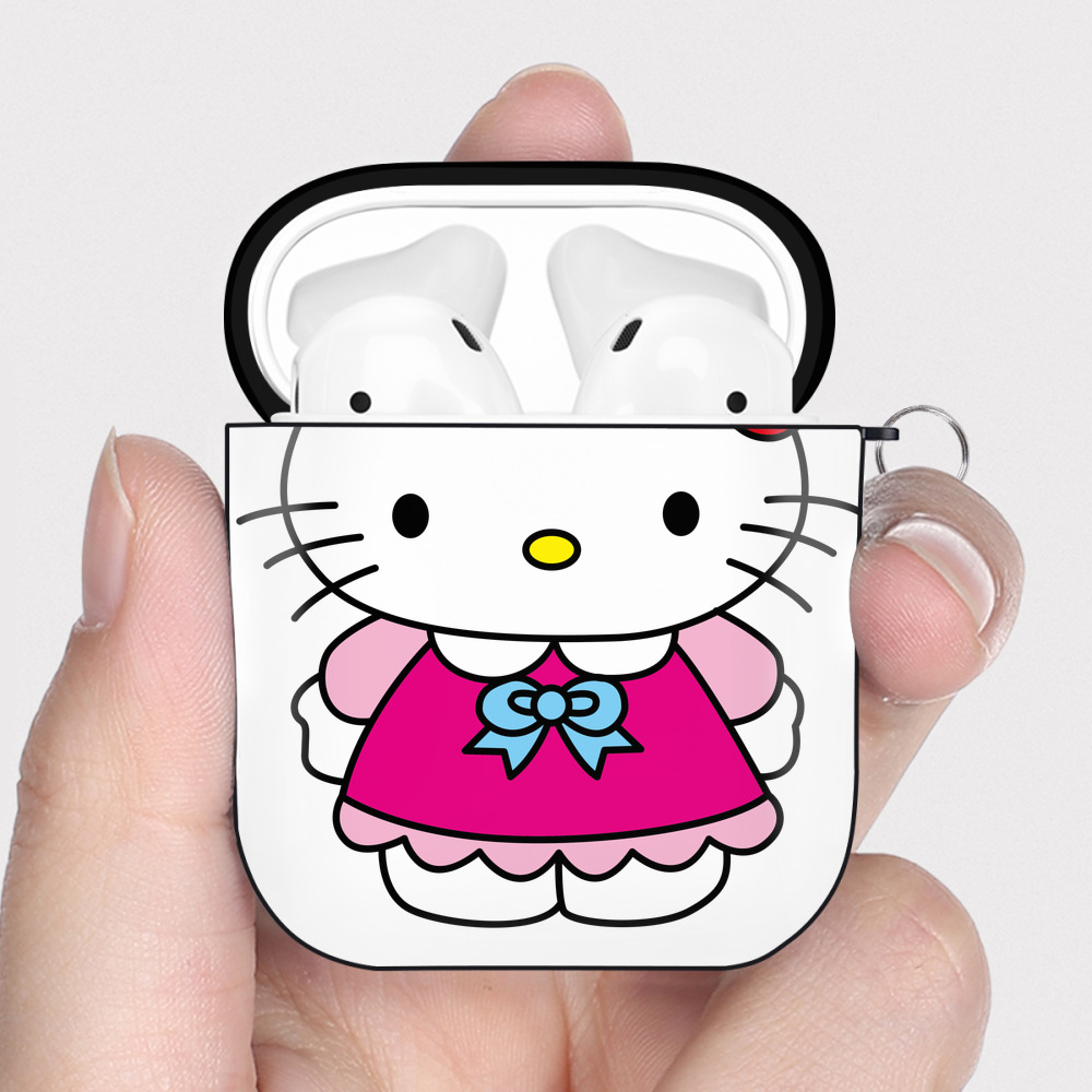 （画像用） Hello Kitty ハローキティ AirPods 第2世代保護ケース ハードシェル ブラック 耐衝撃・防指紋・カラビナ付き