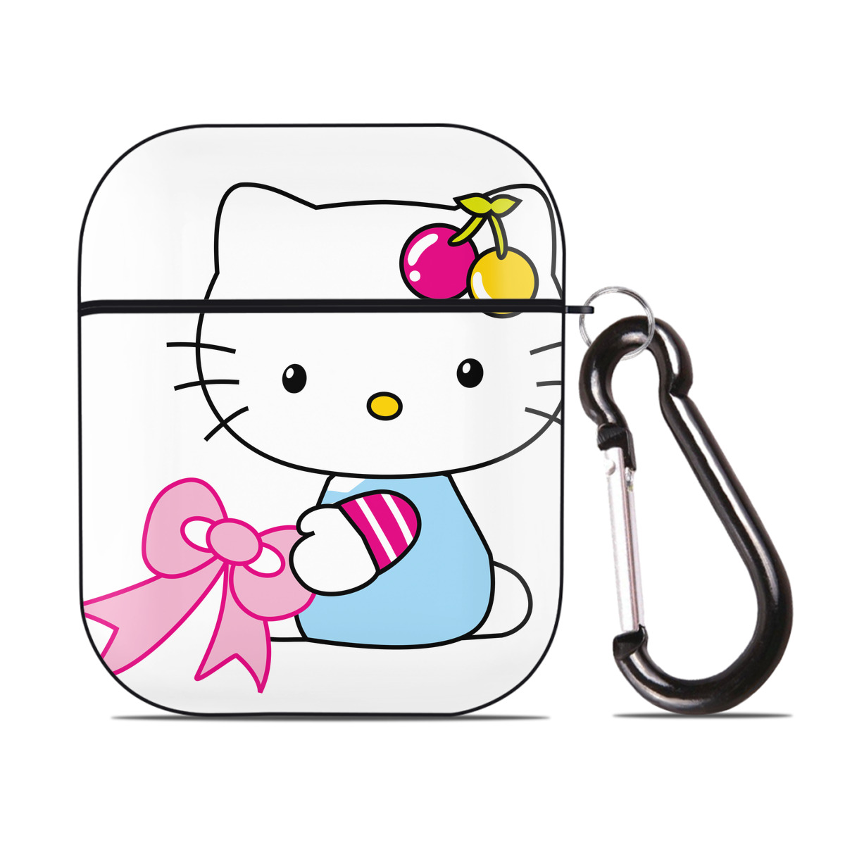 （画像用） Hello Kitty ハローキティ AirPods 第2世代保護ケース ハードシェル ブラック 耐衝撃・防指紋・カラビナ付き