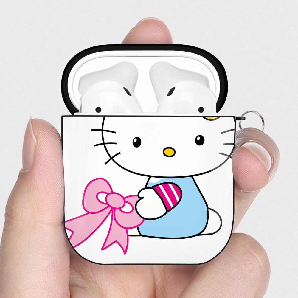 （画像用） Hello Kitty ハローキティ AirPods 第2世代保護ケース ハードシェル ブラック 耐衝撃・防指紋・カラビナ付き
