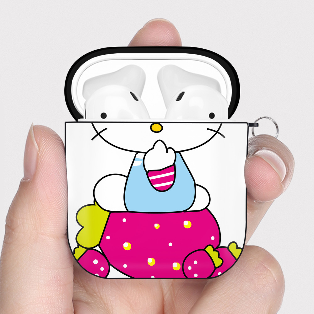 （画像用） Hello Kitty ハローキティ AirPods 第2世代保護ケース ハードシェル ブラック 耐衝撃・防指紋・カラビナ付き