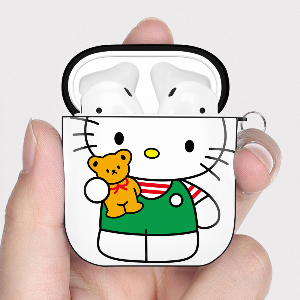 （画像用） Hello Kitty ハローキティ AirPods 第2世代保護ケース ハードシェル ブラック 耐衝撃・防指紋・カラビナ付き