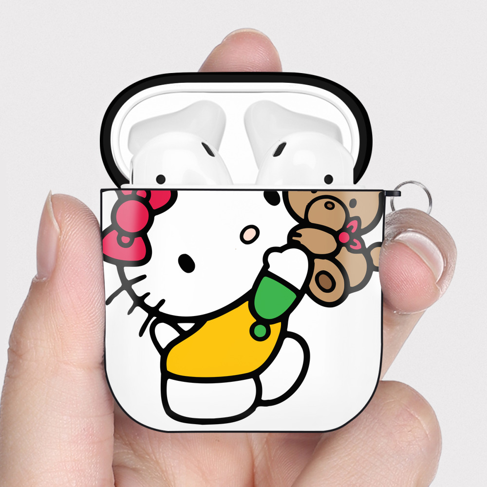 （画像用） Hello Kitty ハローキティ AirPods 第2世代保護ケース ハードシェル ブラック 耐衝撃・防指紋・カラビナ付き