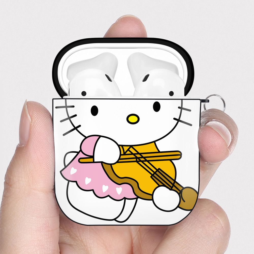 （画像用） Hello Kitty ハローキティ AirPods 第2世代保護ケース ハードシェル ブラック 耐衝撃・防指紋・カラビナ付き