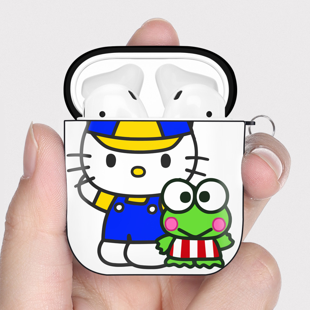 （画像用） Hello Kitty ハローキティ AirPods 第2世代保護ケース ハードシェル ブラック 耐衝撃・防指紋・カラビナ付き