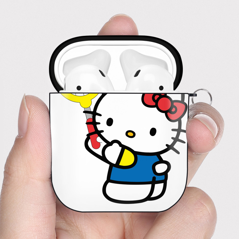 （画像用） Hello Kitty ハローキティ AirPods 第2世代保護ケース ハードシェル ブラック 耐衝撃・防指紋・カラビナ付き