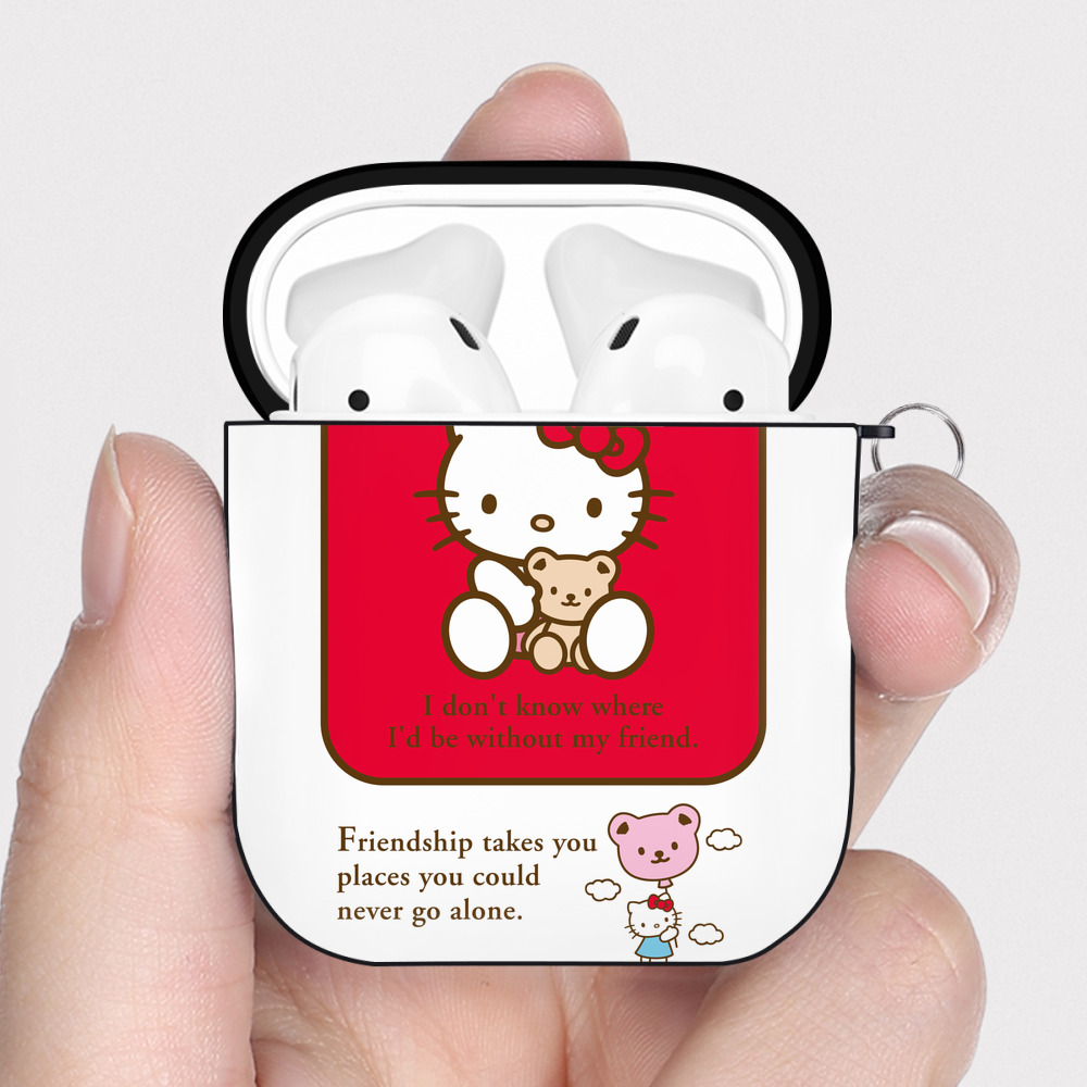 （画像用） Hello Kitty ハローキティ AirPods 第2世代保護ケース ハードシェル ブラック 耐衝撃・防指紋・カラビナ付き