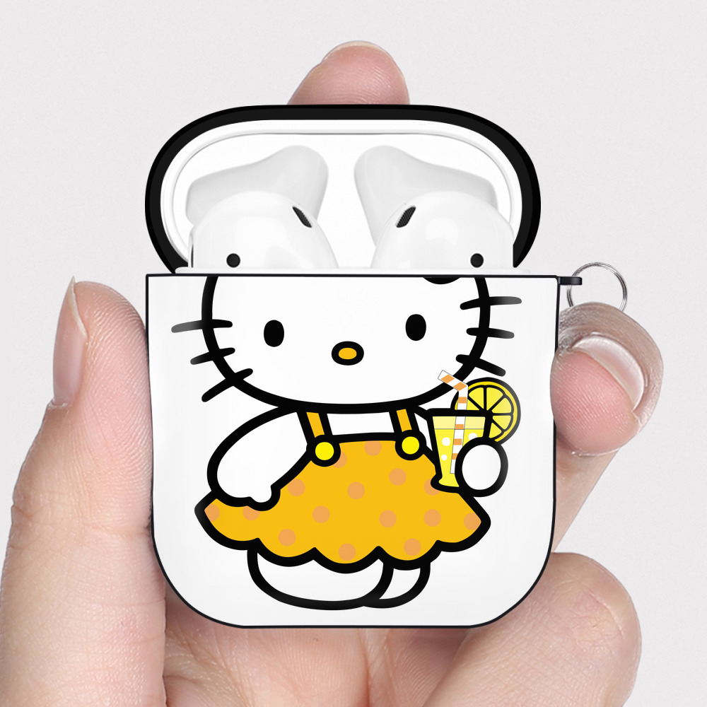 （画像用） Hello Kitty ハローキティ AirPods 第2世代保護ケース ハードシェル ブラック 耐衝撃・防指紋・カラビナ付き