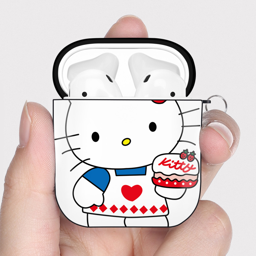 （画像用） Hello Kitty ハローキティ AirPods 第2世代保護ケース ハードシェル ブラック 耐衝撃・防指紋・カラビナ付き