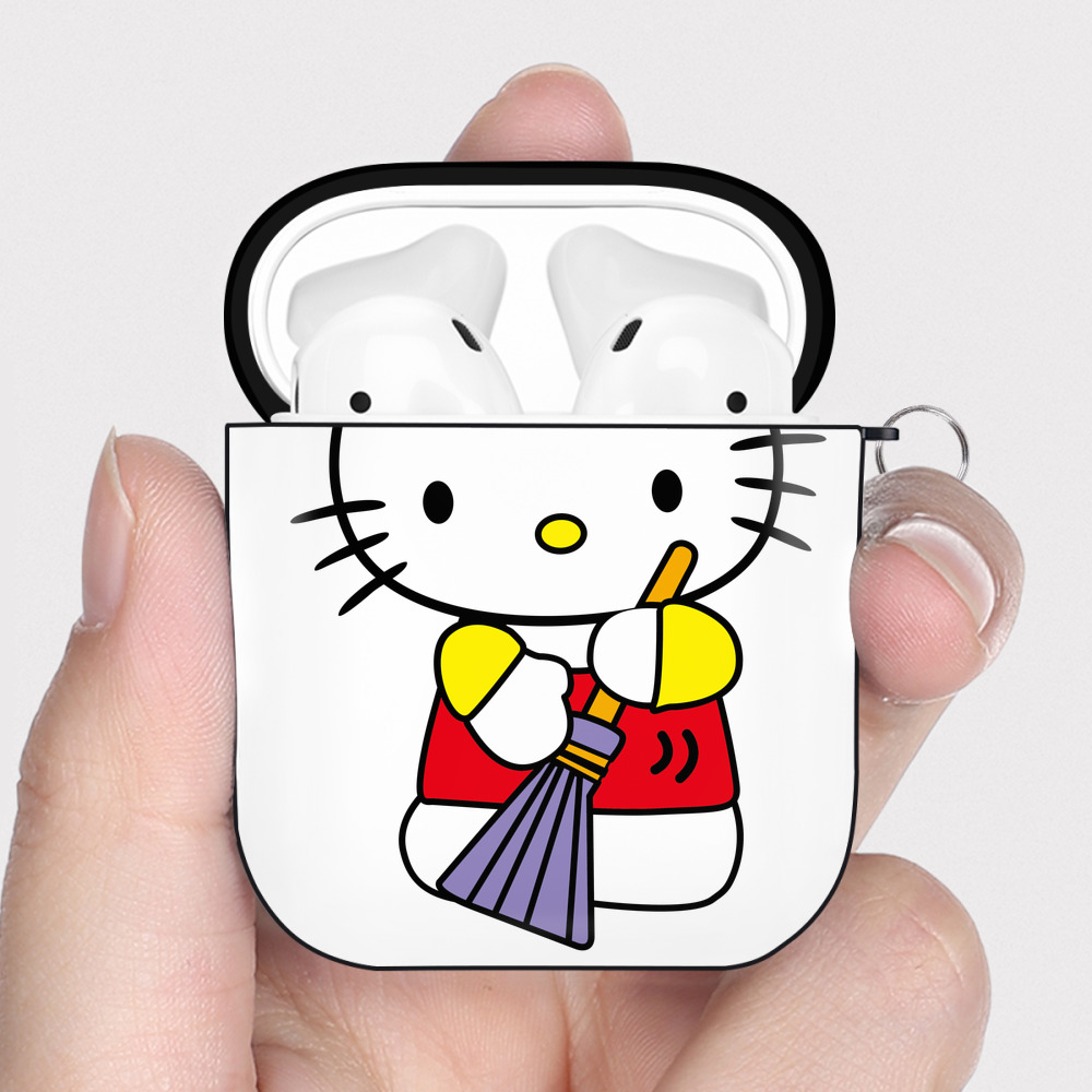 （画像用） Hello Kitty ハローキティ AirPods 第2世代保護ケース ハードシェル ブラック 耐衝撃・防指紋・カラビナ付き