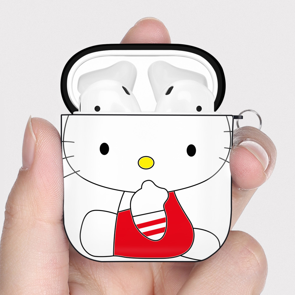 （画像用） Hello Kitty ハローキティ AirPods 第2世代保護ケース ハードシェル ブラック 耐衝撃・防指紋・カラビナ付き