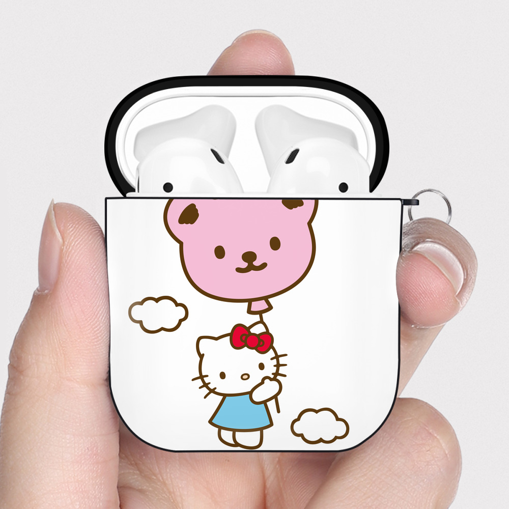 （画像用） Hello Kitty ハローキティ AirPods 第2世代保護ケース ハードシェル ブラック 耐衝撃・防指紋・カラビナ付き