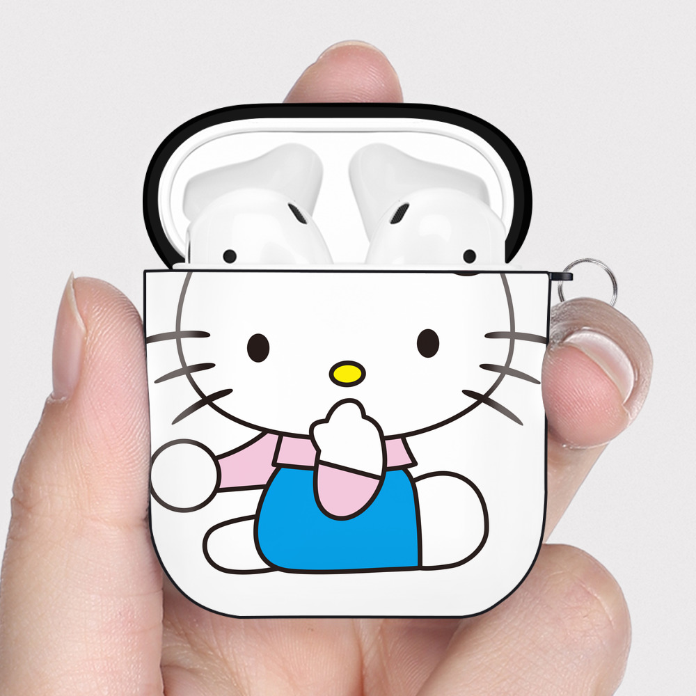（画像用） Hello Kitty ハローキティ AirPods 第2世代保護ケース ハードシェル ブラック 耐衝撃・防指紋・カラビナ付き