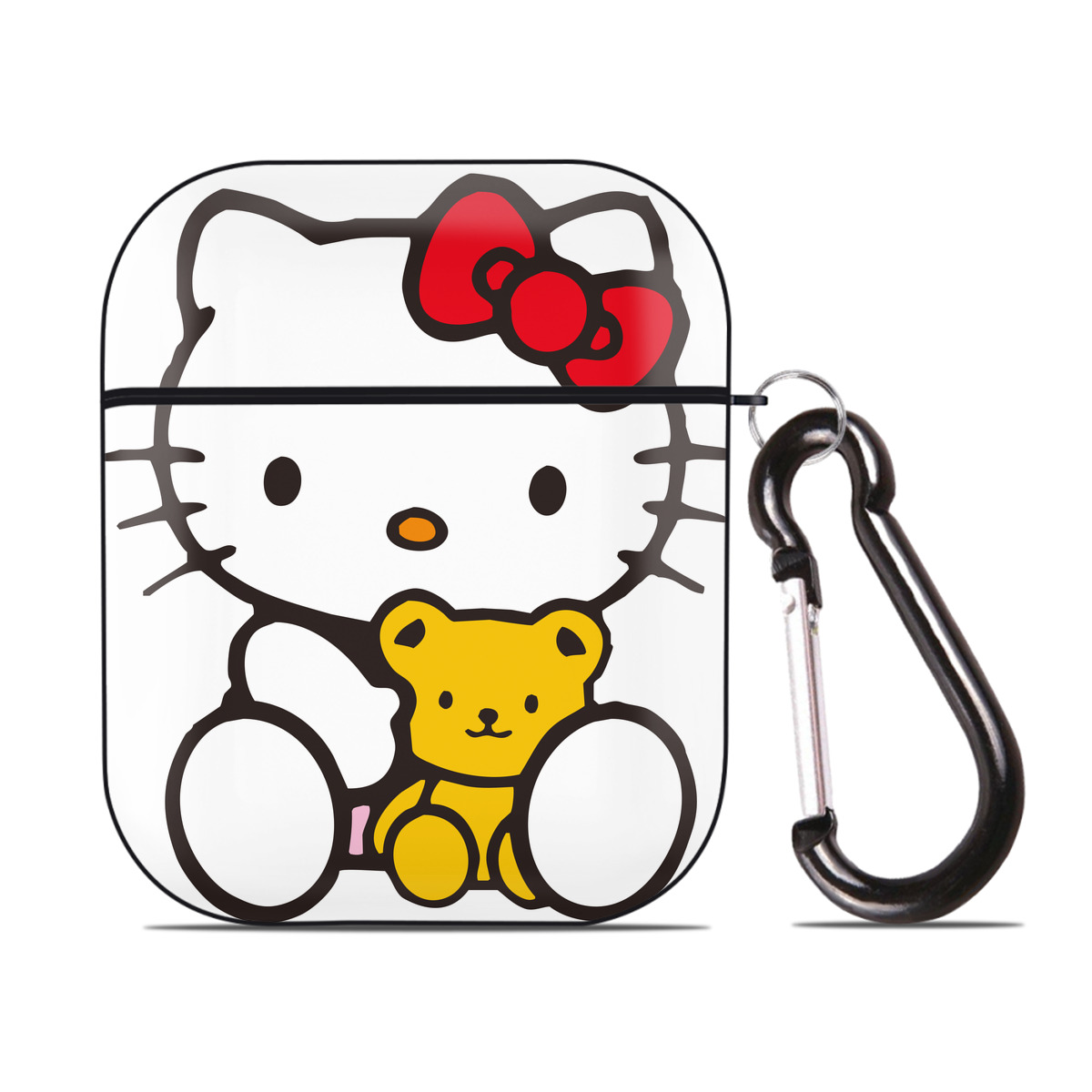（画像用） Hello Kitty ハローキティ AirPods 第2世代保護ケース ハードシェル ブラック 耐衝撃・防指紋・カラビナ付き