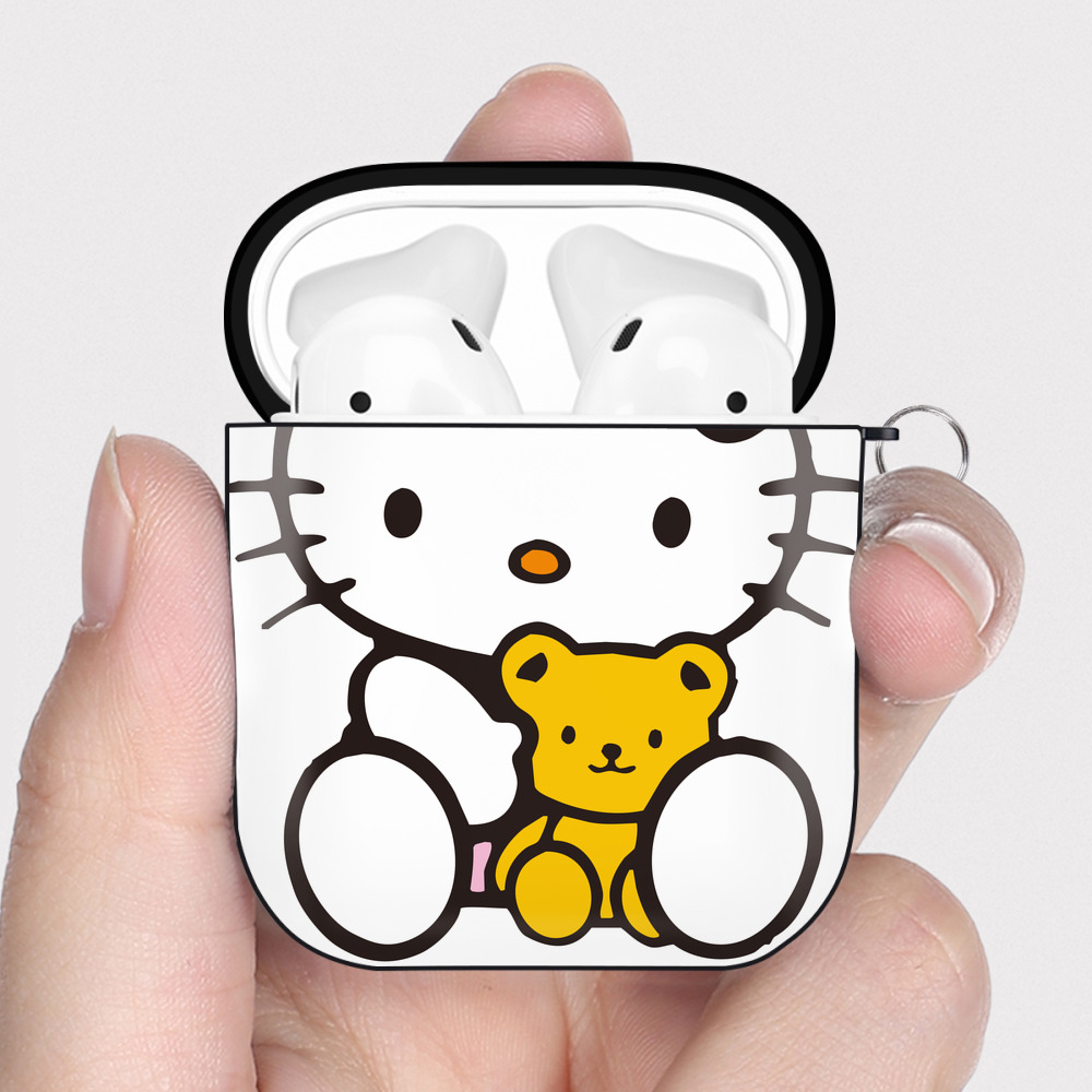 （画像用） Hello Kitty ハローキティ AirPods 第2世代保護ケース ハードシェル ブラック 耐衝撃・防指紋・カラビナ付き