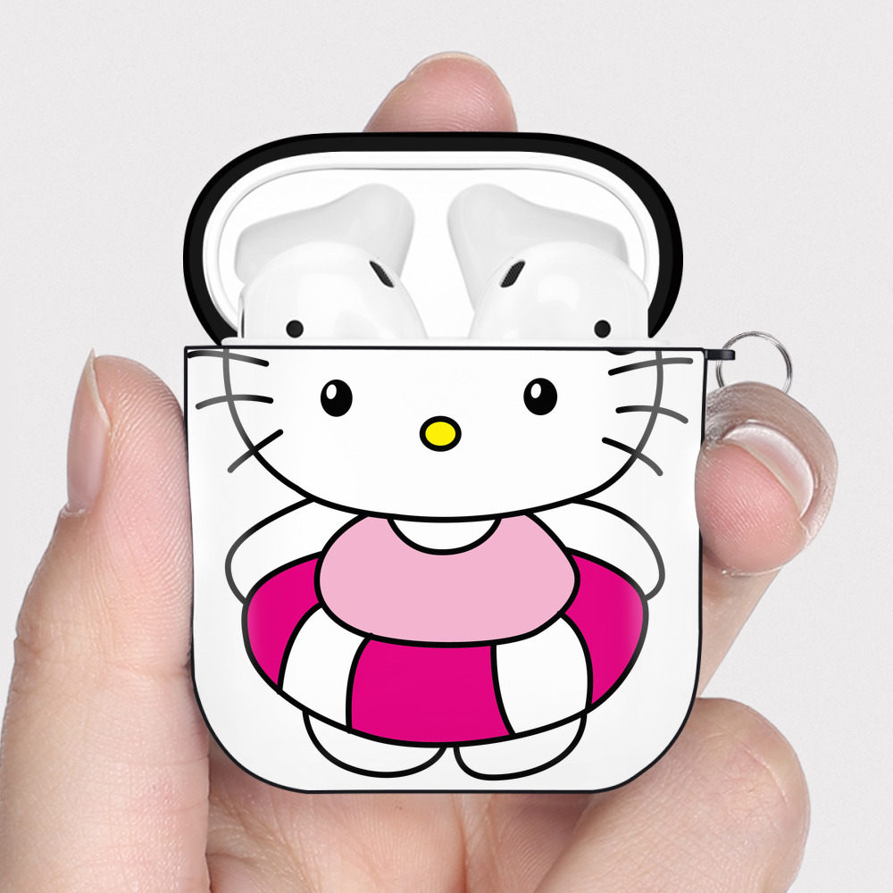 （画像用） Hello Kitty ハローキティ AirPods 第2世代保護ケース ハードシェル ブラック 耐衝撃・防指紋・カラビナ付き