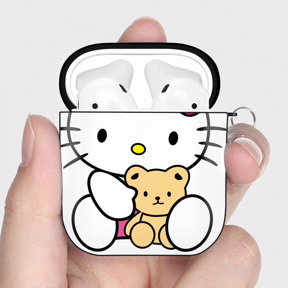 （画像用） Hello Kitty ハローキティ AirPods 第2世代保護ケース ハードシェル ブラック 耐衝撃・防指紋・カラビナ付き