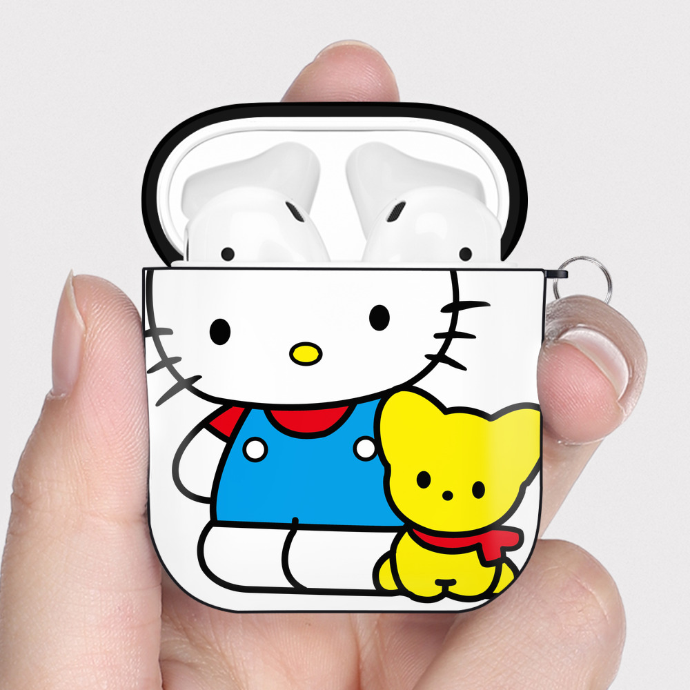 （画像用） Hello Kitty ハローキティ AirPods 第2世代保護ケース ハードシェル ブラック 耐衝撃・防指紋・カラビナ付き