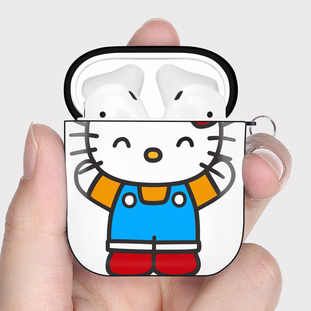 （画像用） Hello Kitty ハローキティ AirPods 第2世代保護ケース ハードシェル ブラック 耐衝撃・防指紋・カラビナ付き