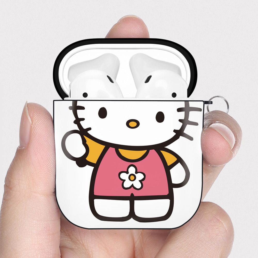 （画像用） Hello Kitty ハローキティ AirPods 第2世代保護ケース ハードシェル ブラック 耐衝撃・防指紋・カラビナ付き