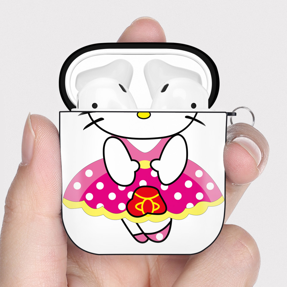 （画像用） Hello Kitty ハローキティ AirPods 第2世代保護ケース ハードシェル ブラック 耐衝撃・防指紋・カラビナ付き