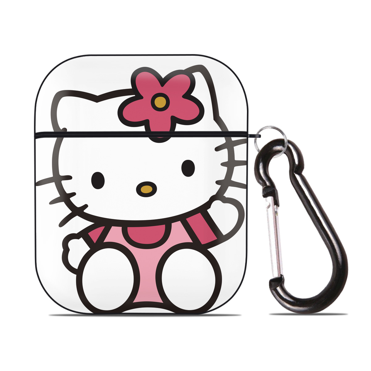 （画像用） Hello Kitty ハローキティ AirPods 第2世代保護ケース ハードシェル ブラック 耐衝撃・防指紋・カラビナ付き